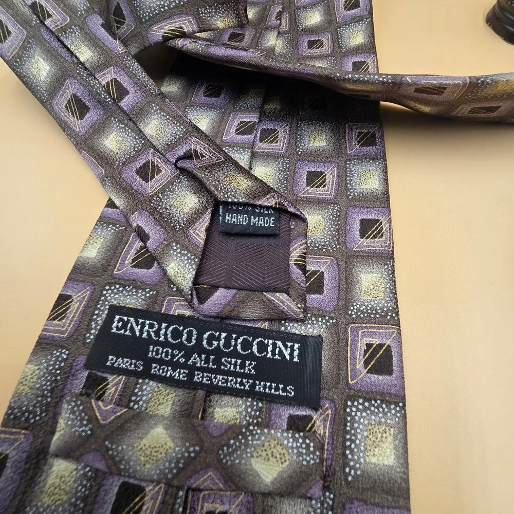 Enrico Guccini Mens Silk Tie Purple Grey Geometric Square Pattern Handmade 4
